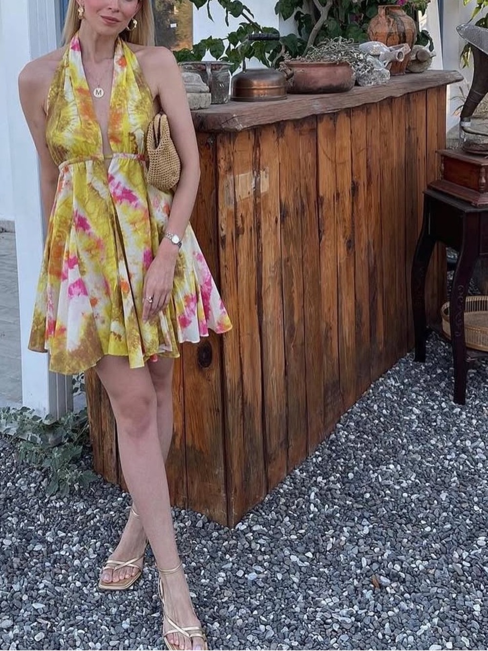 Halter Tie-Dye Mini Dress in Yellow and Pink - Picture 2 of 6